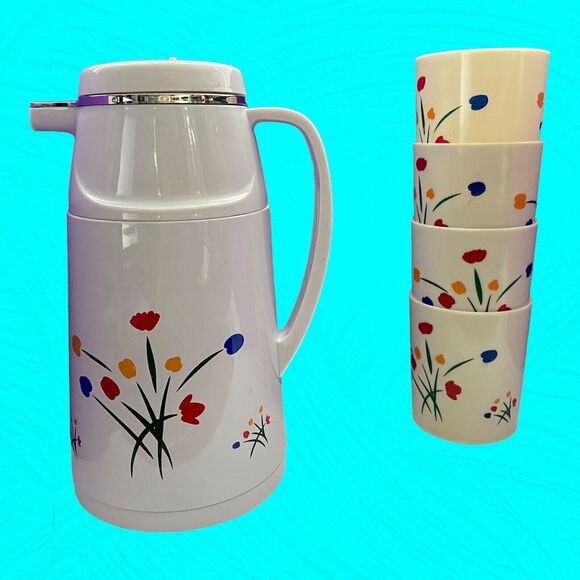 Vtg Phoenix Insulated Thermal Coffee Tea Pitcher Carafe & 4 Cups 1980's Floral - Picture 1 of 12